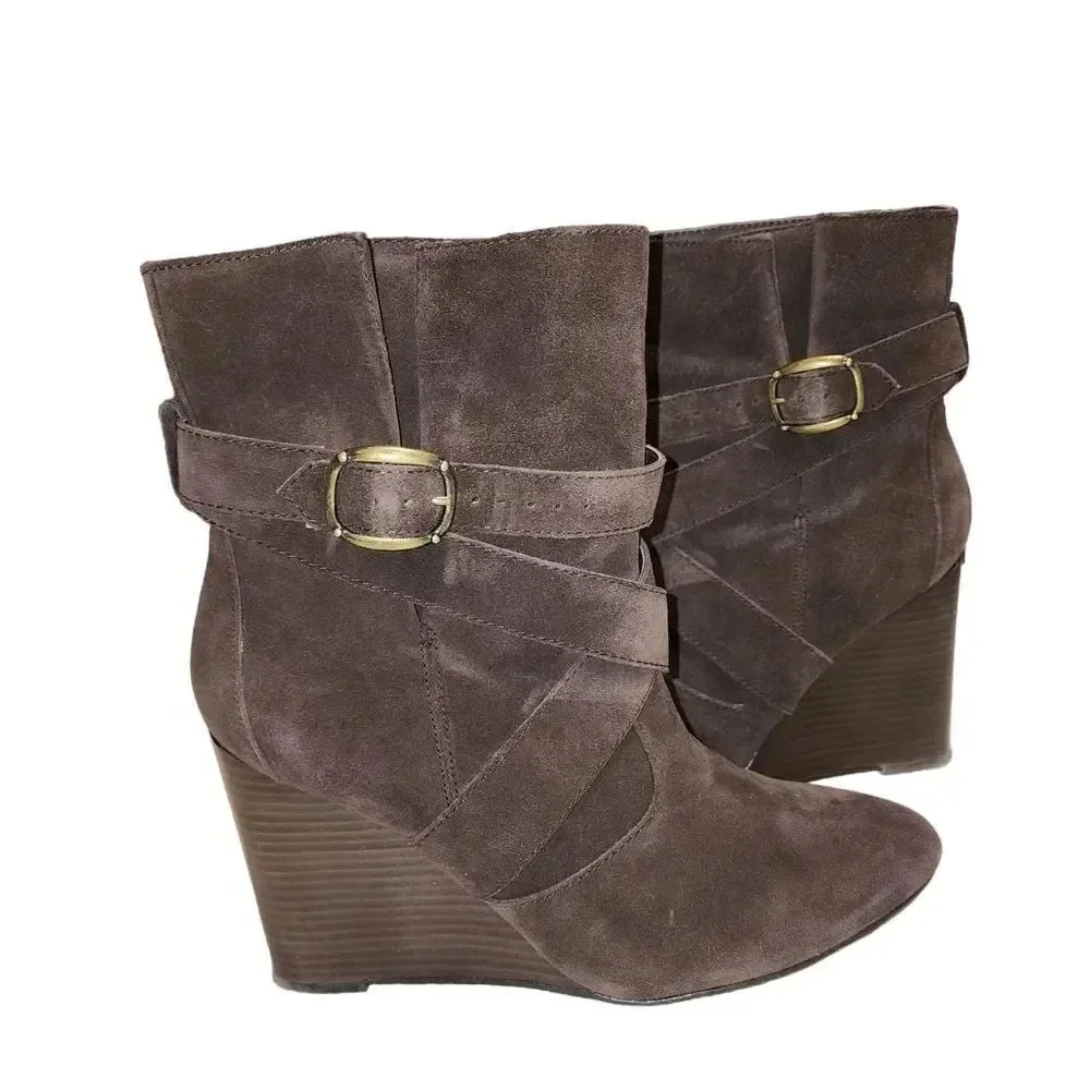 Colin Stuart Women Brown Leather Suede Belt Loop Booties Wedge Heel Size 8 B